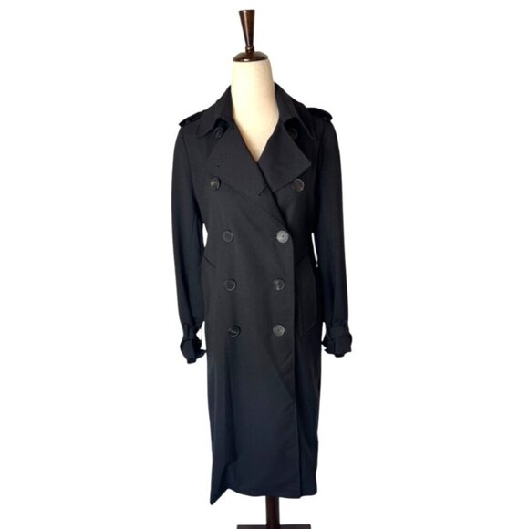 Sandro Coat Women Medium Black Wool Blend Double Breasted Trench Overcoat Luxury - Picture 1 of 13